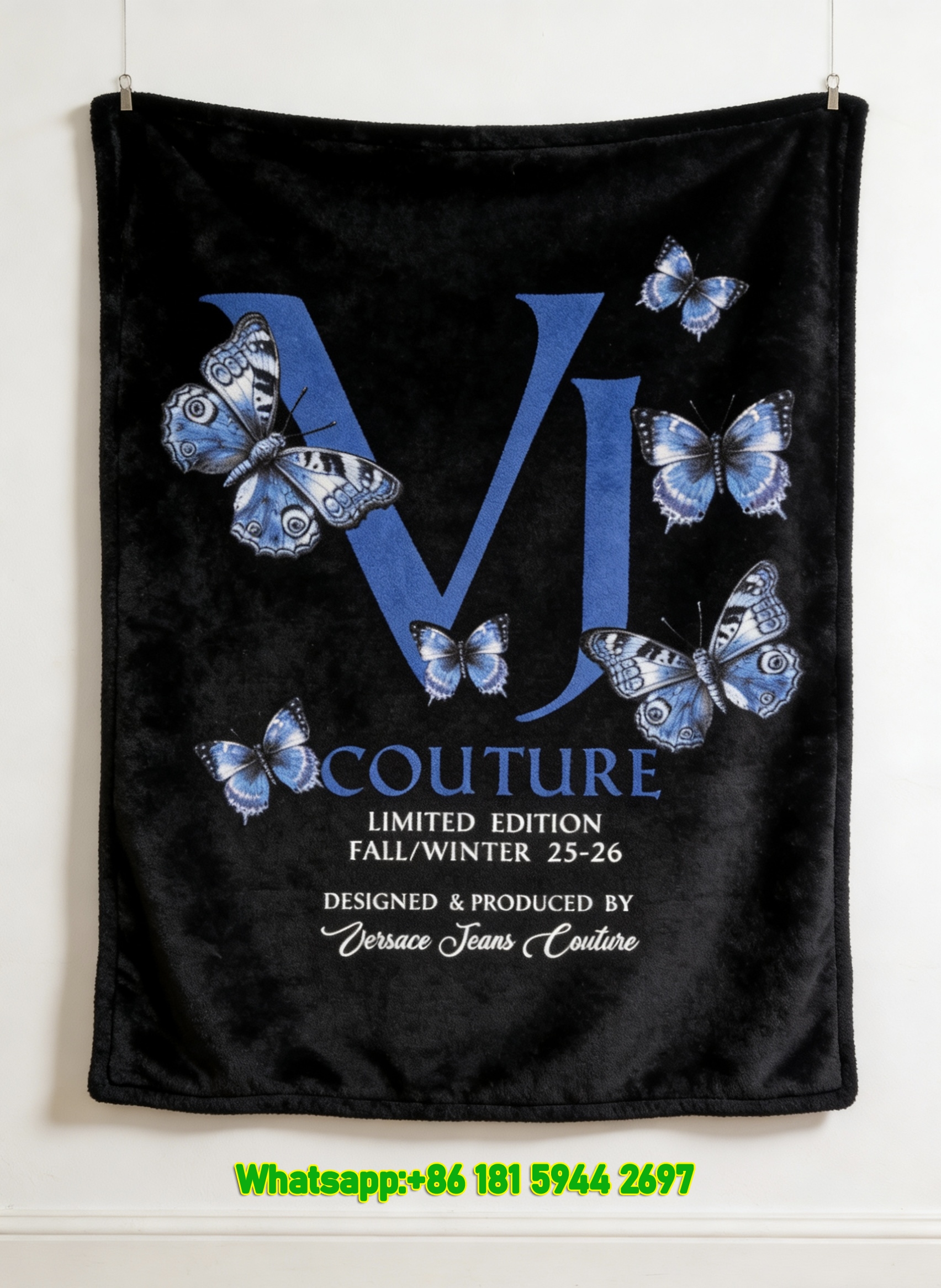 Versace Jeans Couture Black Blue Butterfly V Logo Limited Edition Printed Flannel Throw Blanket IMG_1256